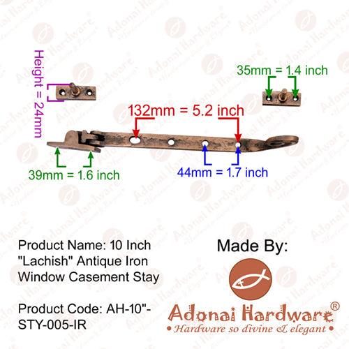 10" "Lachish" Heavy Duty Antique Cast Iron Sturdy Window Casement Stay