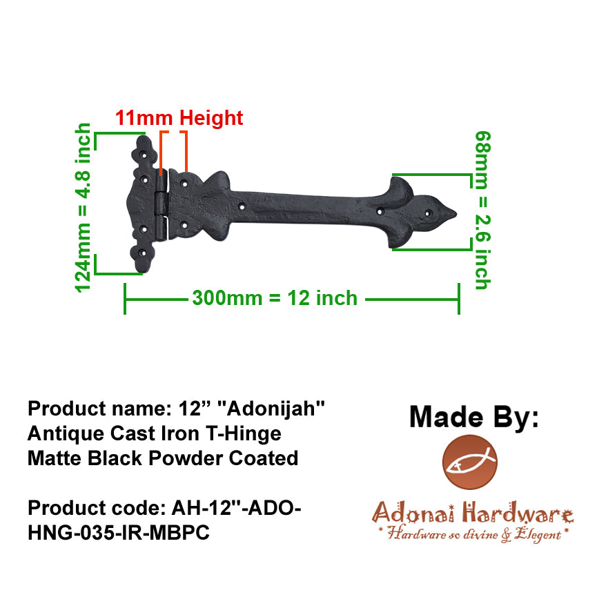12 Inch Adonijah Antique Cast Iron Strap T Hinge