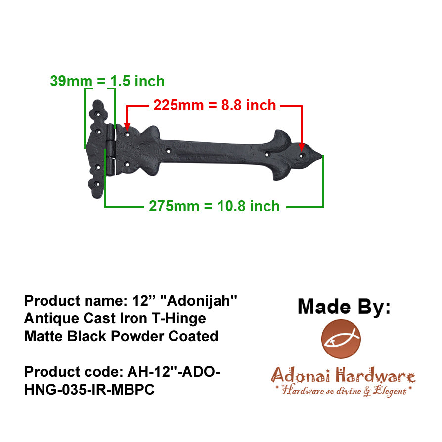 12 Inch Adonijah Antique Cast Iron Strap T Hinge