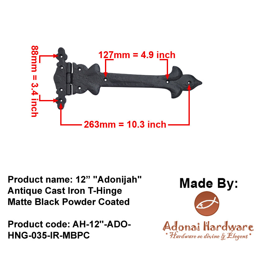 12 Inch Adonijah Antique Cast Iron Strap T Hinge