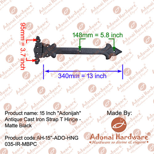 15 Inch Adonijah Antique Cast Iron Strap T Hinge