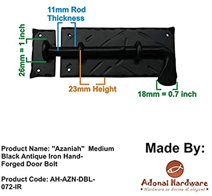 "Azaniah"  Medium Black Antique Iron Hand-Forged Door Bolt