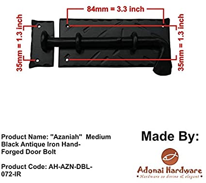 "Azaniah"  Medium Black Antique Iron Hand-Forged Door Bolt