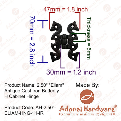 2.50" "Eliam" Antique Cast Iron Butterfly H Cabinet Hinges
