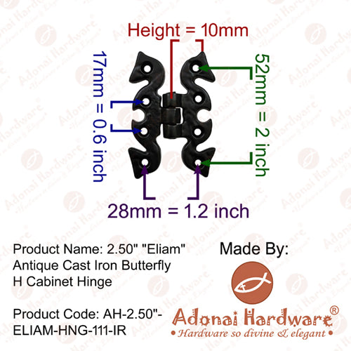 2.50" "Eliam" Antique Cast Iron Butterfly H Cabinet Hinges
