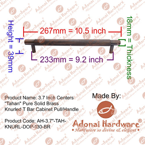 8.9 Inch Centers Tahan Pure Solid Brass Knurled T Bar Cabinet Pull / Handle