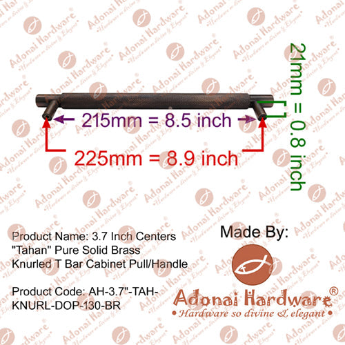 8.9 Inch Centers Tahan Pure Solid Brass Knurled T Bar Cabinet Pull / Handle