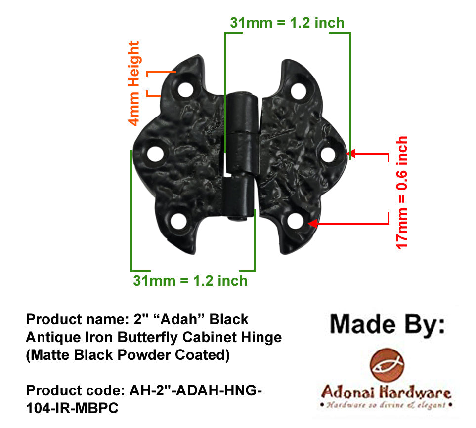 2 Inch "Adah" Black Antique Iron Butterfly Cabinet Hinge