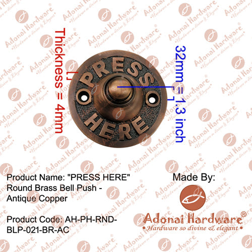 "PRESS HERE" Round Brass Bell Push