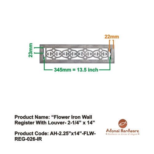 "Flower" Iron Wall Register with Louver - 2-1/4" x 14" (3-7/8" x 15-1/4" Overall)
