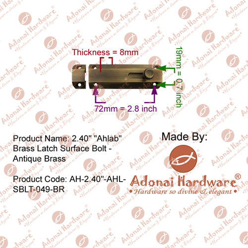 3.42 Inch "Ahlab" Brass Latch Surface Bolt