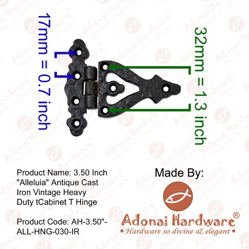 3.50 inch "Alleluia" Antique Cast Iron Vintage Heavy Duty Cabinet T Hinges