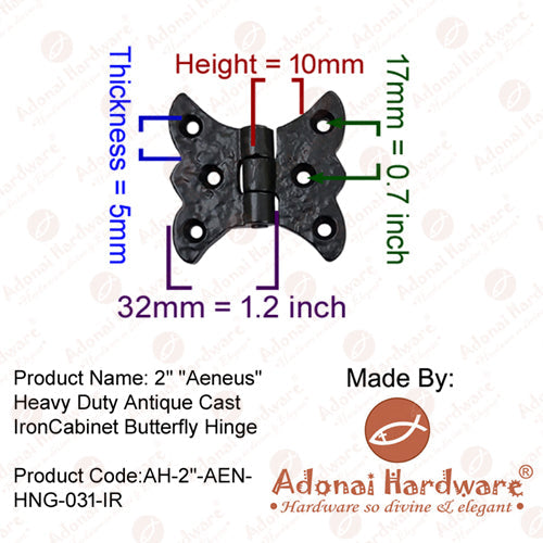 2 Inch "Aeneus" Heavy Duty Antique Cast Iron Vintage Cabinet Butterfly Hinges