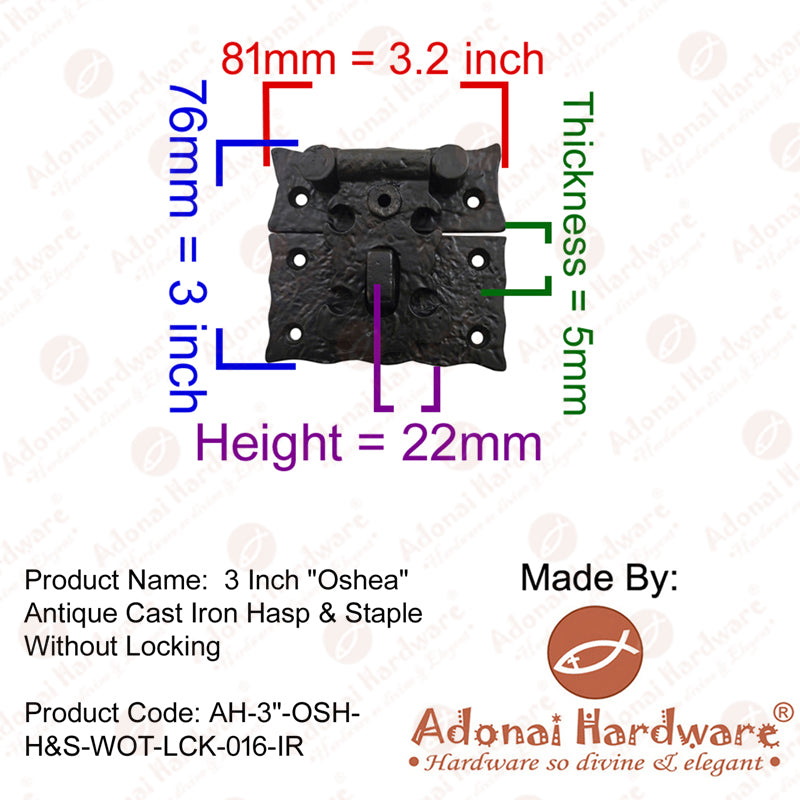 3 Inch "Oshea" Antique Cast Iron Hasp & Staple With Lock for Trunks and Jewellery Boxes
