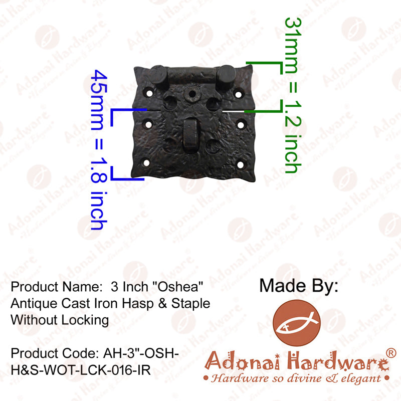 3 Inch "Oshea" Antique Cast Iron Hasp & Staple With Lock for Trunks and Jewellery Boxes