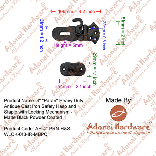 4 inch "Paran" Antique Cast Iron Safety Hasp and Staple with Locking