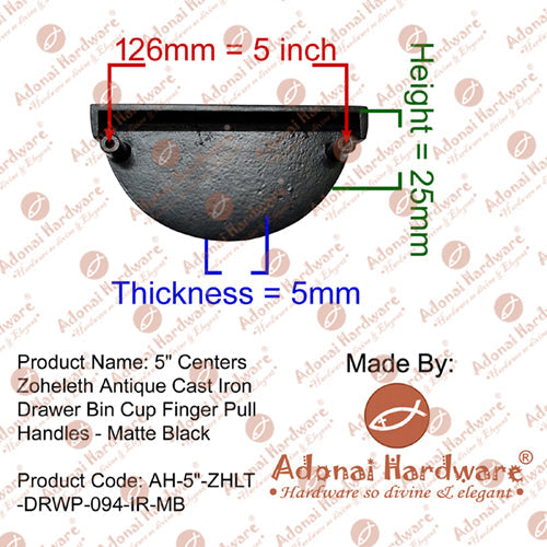 5" "Zoheleth" Black Cast Iron Half Moon Cabinet and Drawer Pull