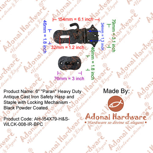 6 Inch "Paran" Heavy Duty Antique Cast Iron Safety Hasp and Staple with Locking Mechanism