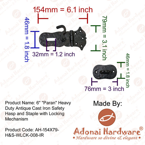 6 Inch "Paran" Iron Safety Hasp and Staple with Locking left
