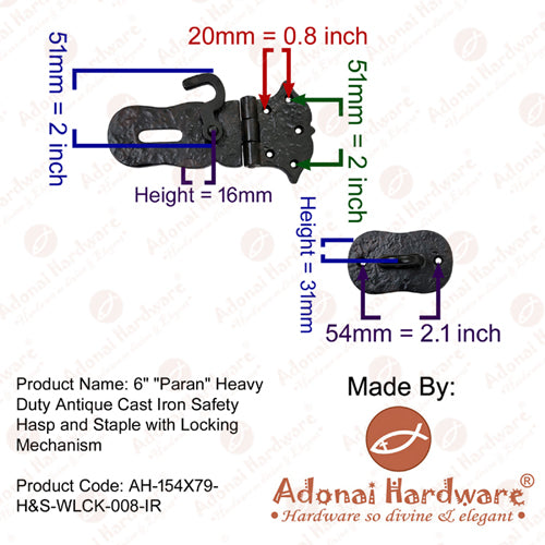 6 Inch "Paran" Iron Safety Hasp and Staple with Locking left