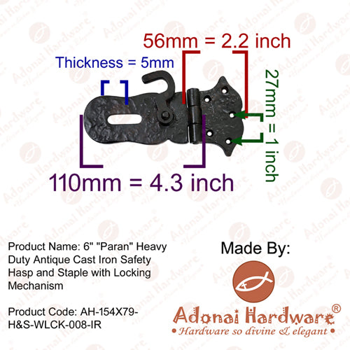 6 Inch "Paran" Iron Safety Hasp and Staple with Locking left