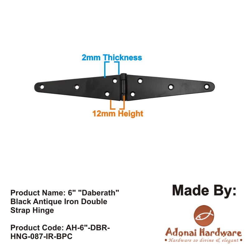 6" "Daberath" Black Antique Iron Double Strap Hinge