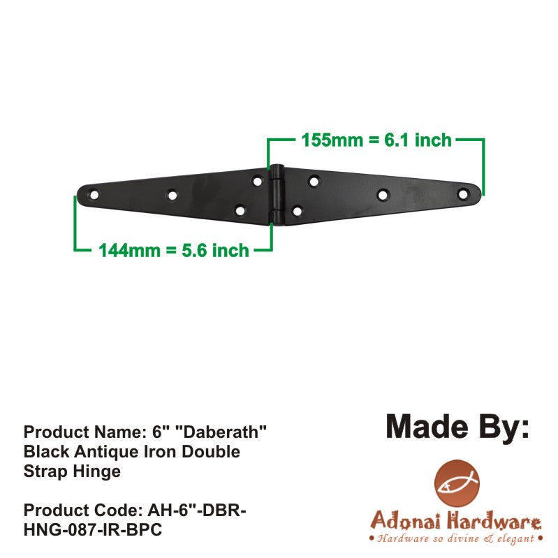 6" "Daberath" Black Antique Iron Double Strap Hinge