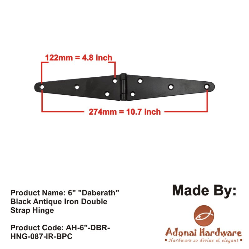 6" "Daberath" Black Antique Iron Double Strap Hinge