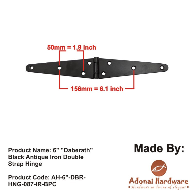 6" "Daberath" Black Antique Iron Double Strap Hinge