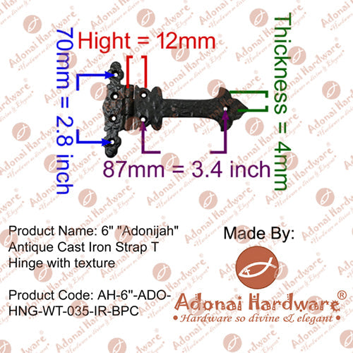 6 Inch Adonijah Antique Cast Iron Strap T Hinge With Texture