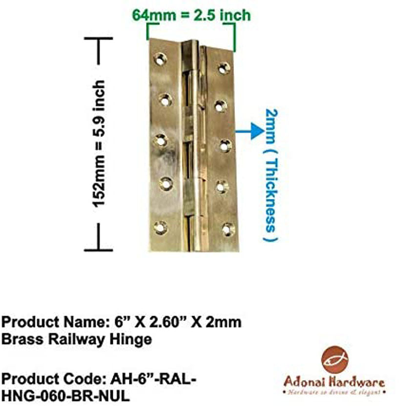 Buy 6" x 2.60" x 2mm Brass Railway Hinge-Premium Harware Products Online - Adonai Hardware