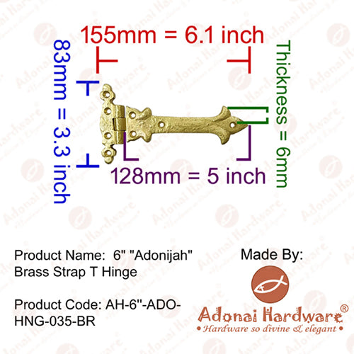 6 inch Adonijah Brass Strap T Hinge