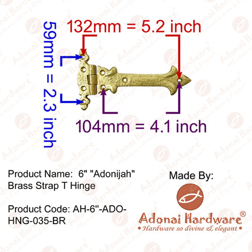 6 inch Adonijah Brass Strap T Hinge