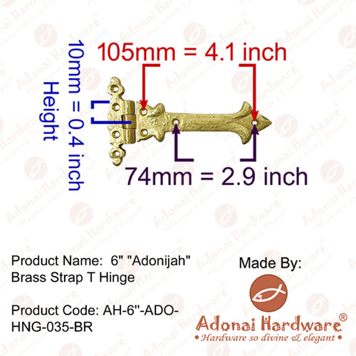 6 inch Adonijah Brass Strap T Hinge