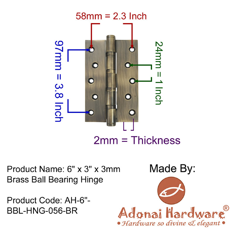6" x 3" x 3mm Brass Ball Bearing Hinge
