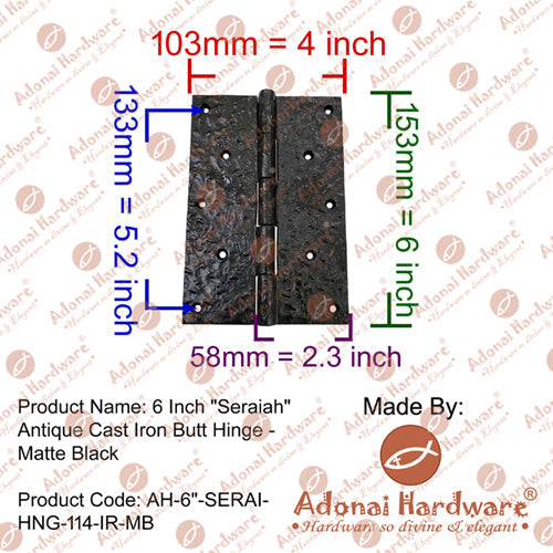 6 Inch "Seraiah" Antique Cast Iron Butt Hinge