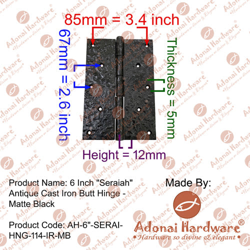 6 Inch "Seraiah" Antique Cast Iron Butt Hinge