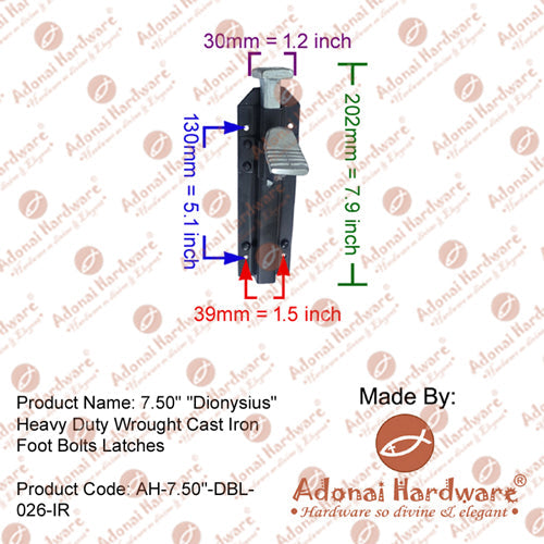 7.50 Inch Dionysius Heavy Duty Wrought Cast Iron Foot Bolt