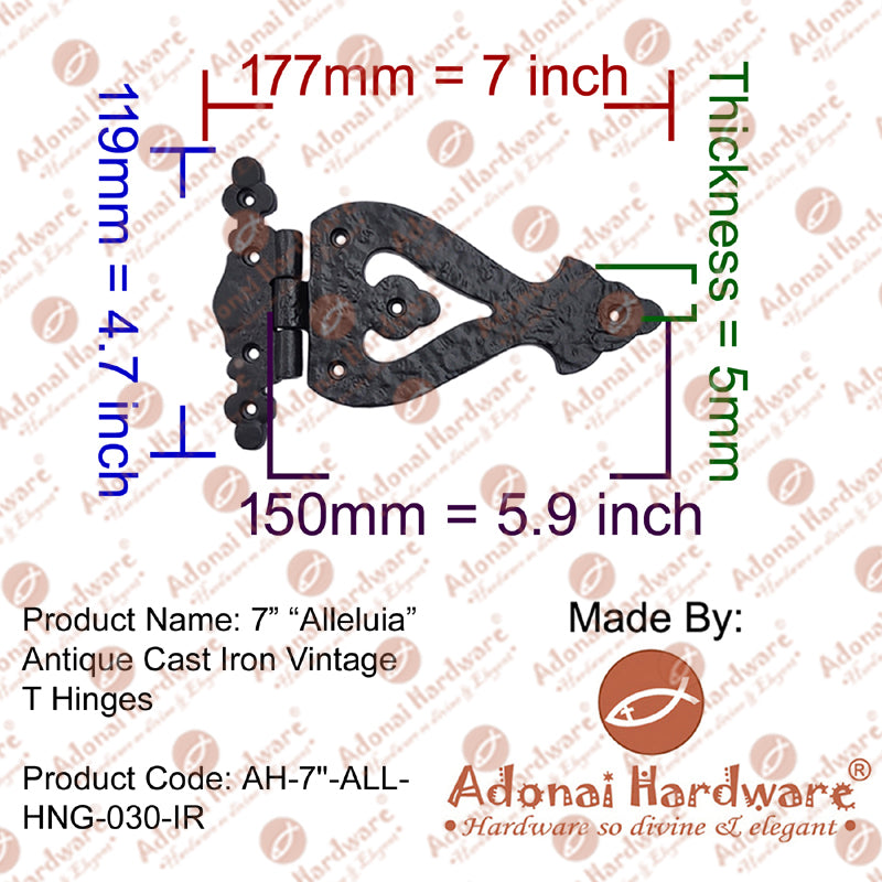 7 Inch "Alleluia" Antique Cast Iron Vintage T Hinges