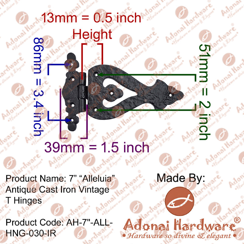 7 Inch "Alleluia" Antique Cast Iron Vintage T Hinges