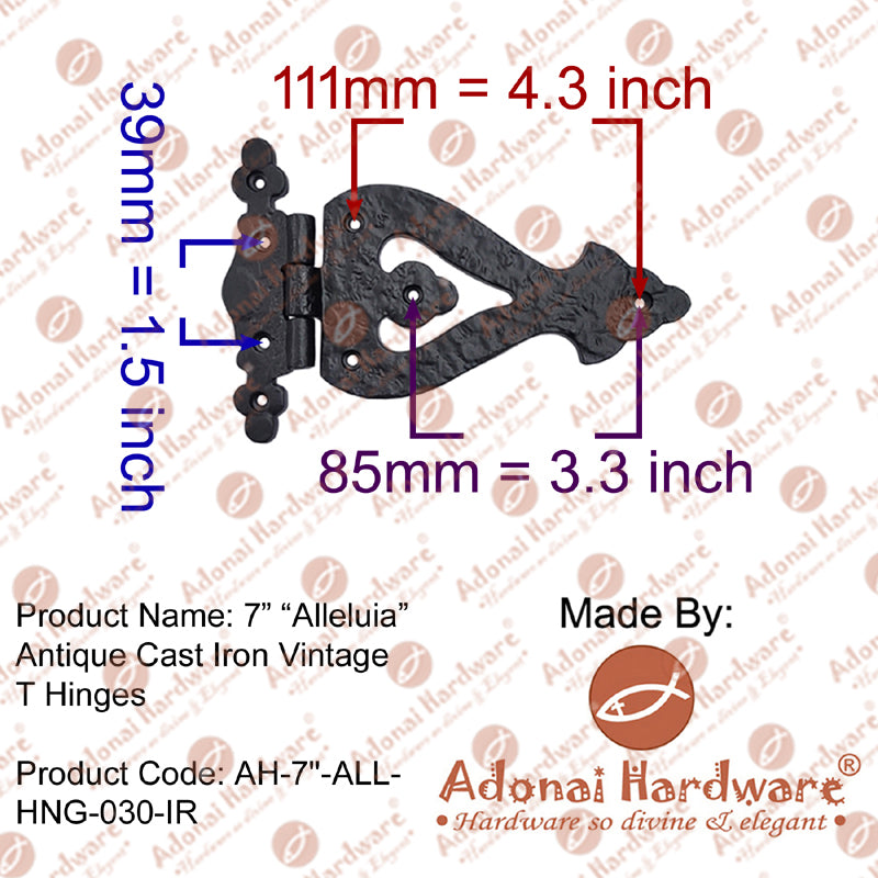 7 Inch "Alleluia" Antique Cast Iron Vintage T Hinges