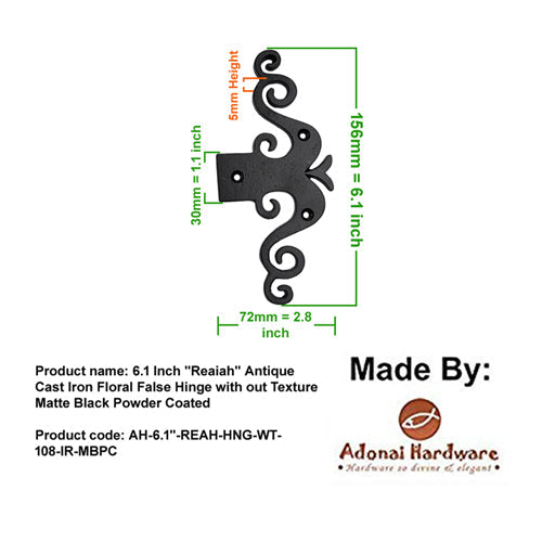 6.1 Inch "Reaiah" Antique Cast Iron Floral False Hinge without Texture