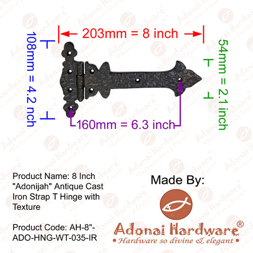 8 Inch Adonijah Antique Cast Iron Strap T Hinge With Texture