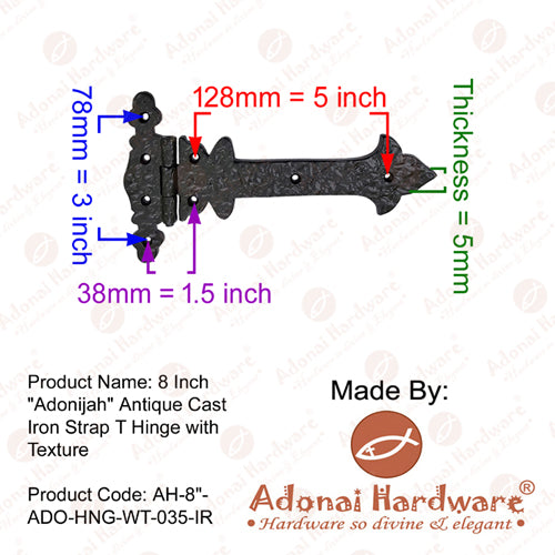 8 Inch Adonijah Antique Cast Iron Strap T Hinge With Texture