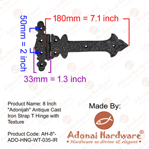 8 Inch Adonijah Antique Cast Iron Strap T Hinge With Texture