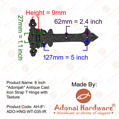 8 Inch Adonijah Antique Cast Iron Strap T Hinge With Texture