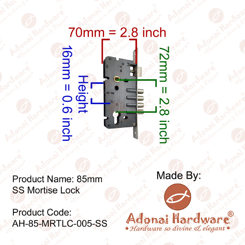 85mm SS Mortise Lock with Euro Profile or D/C Keyhole