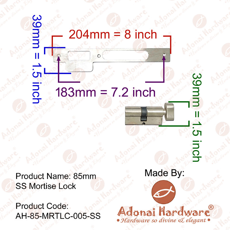 85mm SS Mortise Lock with Euro Profile or D/C Keyhole