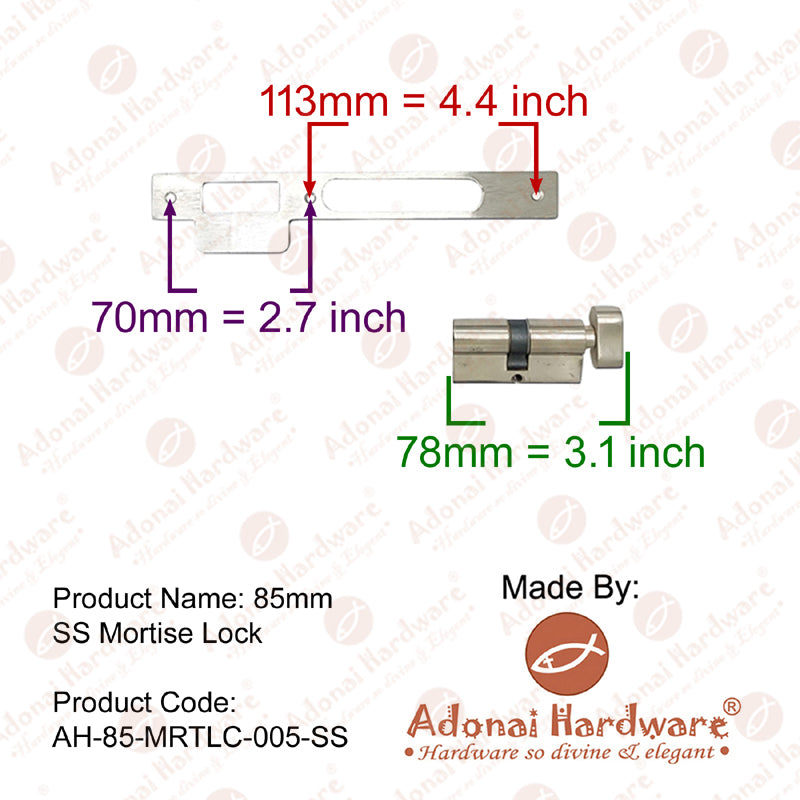 85mm SS Mortise Lock with Euro Profile or D/C Keyhole