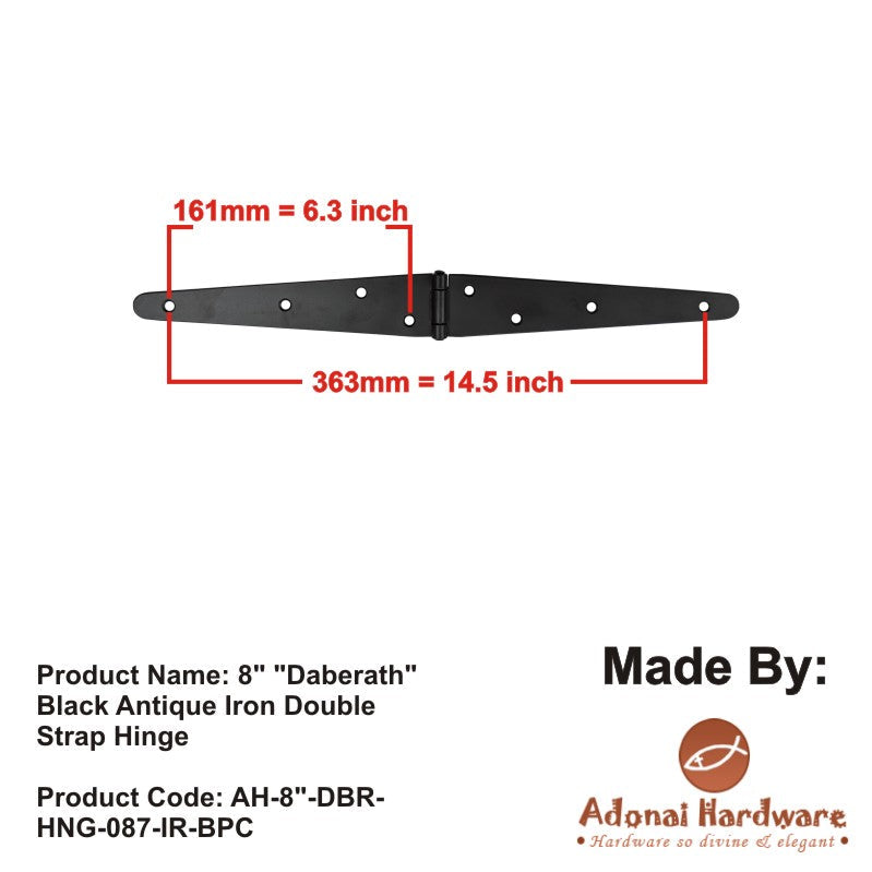 8" "Daberath" Black Antique Iron Double Strap Hinge